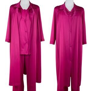 Vintage 80s Berry Pink Vanity Fair 3 Pc Pajamas & Robe Lounge Set Womens Size M